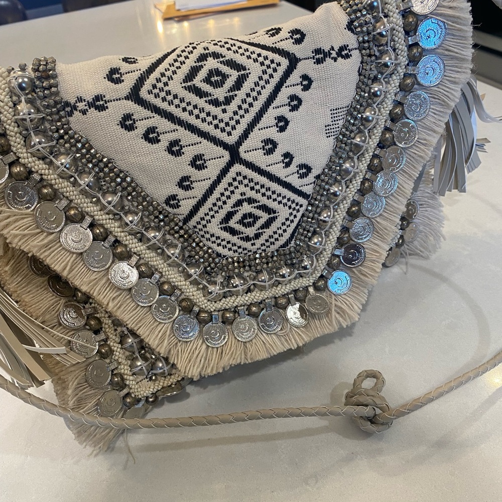 SHASHI Beaded Crossbody Bag in Cream and Silver